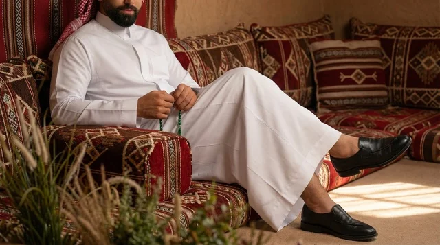 رجل سعودي بالثوب والشماغ يجلس في مجلس تراثي بالسدو