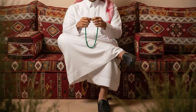 رجل سعودي بسبحة في مجلس عربي تقليدي