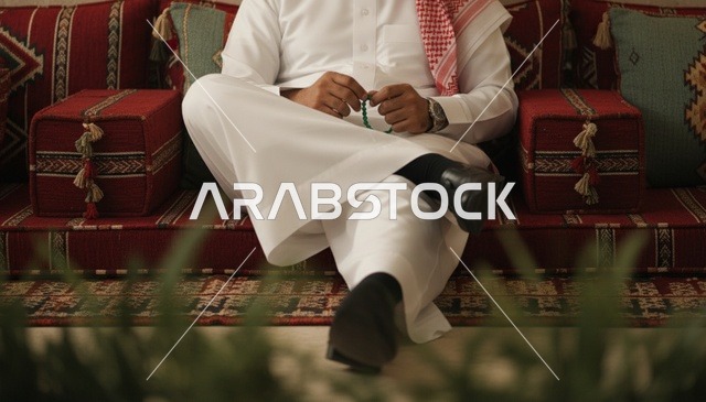 رجل سعودي بالزي التقليدي يمسك سبحة في مجلس تراثي