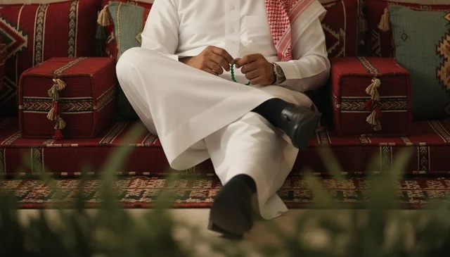 Saudi Man in Traditional Thobe Holding Prayer Beads in Majlis