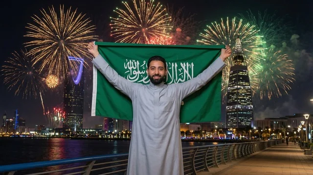 Saudi Man Holding Flag in Riyadh with Fireworks Night