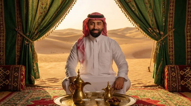 Saudi Man in Desert Tent with Coffee and Dates Saudi Man in Desert Tent with Coffee and Dates