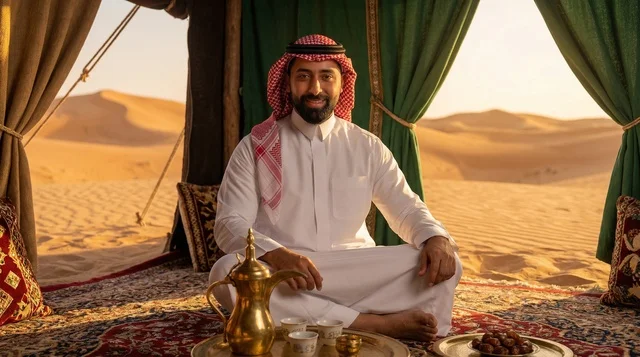 رجل سعودي بالزي التقليدي داخل خيمة في الصحراء مع القهوة