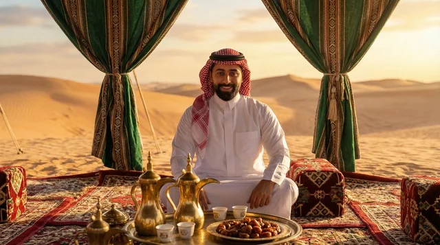رجل سعودي في مجلس صحراوي تقليدي وقت الغروب