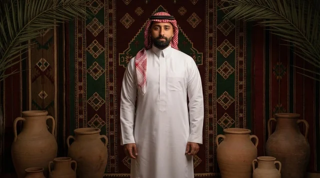 رجل سعودي بالزي التقليدي والديكور التراثي القديم