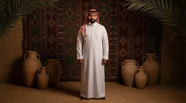 Saudi Man in Traditional Dress with Heritage Pottery