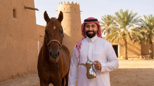 Saudi Man with Horse and Dallah in Heritage Village