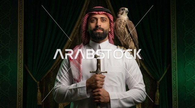 رجل سعودي بالزي التقليدي مع صقر وسيف