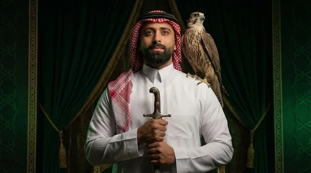 Saudi Man with Falcon and Sword in Traditional Dress
