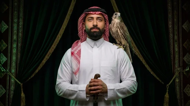 رجل سعودي بالزي التقليدي مع صقر وخنجر تراثي