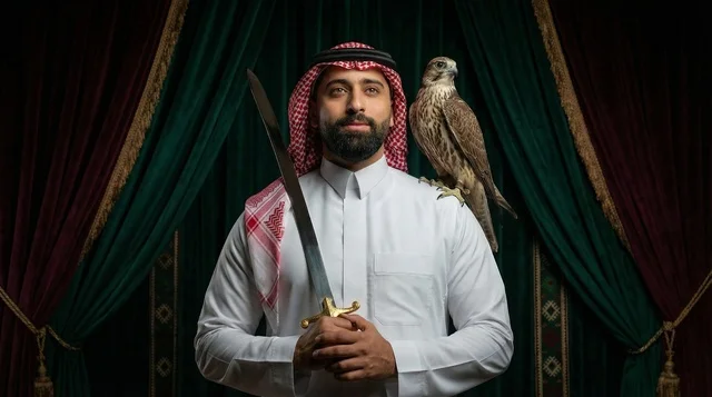 رجل سعودي باللباس التقليدي يحمل سيفاً وصقراً أصيلاً
