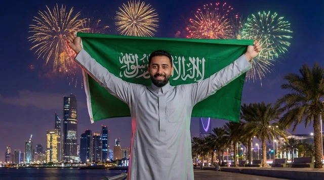 رجل سعودي يحمل العلم مع ألعاب نارية في الرياض
