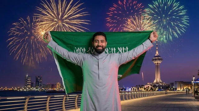 Saudi Man with Flag and Fireworks at Jeddah Corniche