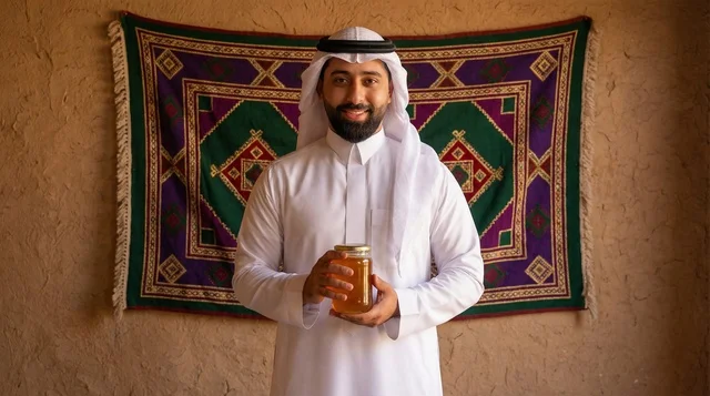 رجل سعودي بالثوب التقليدي يحمل مرطبان عسل