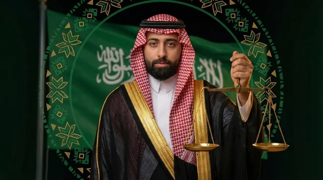 رجل سعودي يحمل ميزان العدل مع العلم السعودي