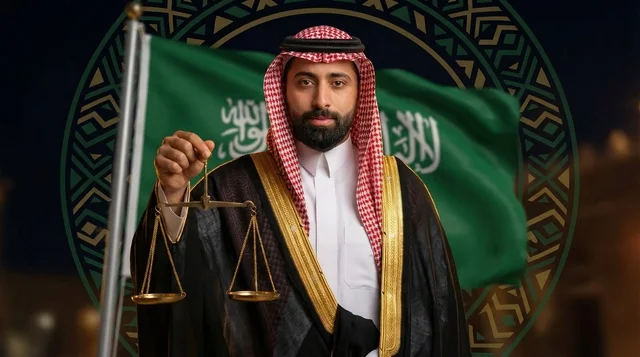 رجل سعودي يمسك ميزان العدالة مع العلم