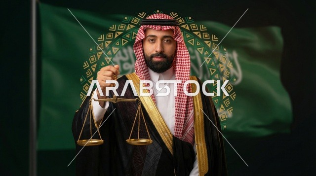 رجل سعودي يحمل ميزان العدالة أمام العلم الوطني