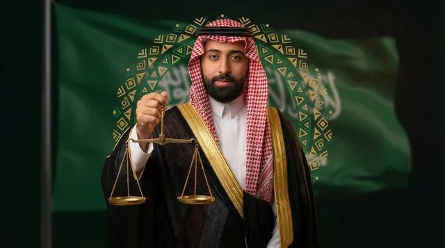 رجل سعودي يحمل ميزان العدالة أمام العلم الوطني