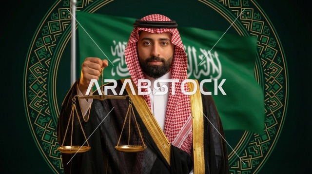 رجل سعودي يحمل ميزان العدالة أمام العلم الوطني