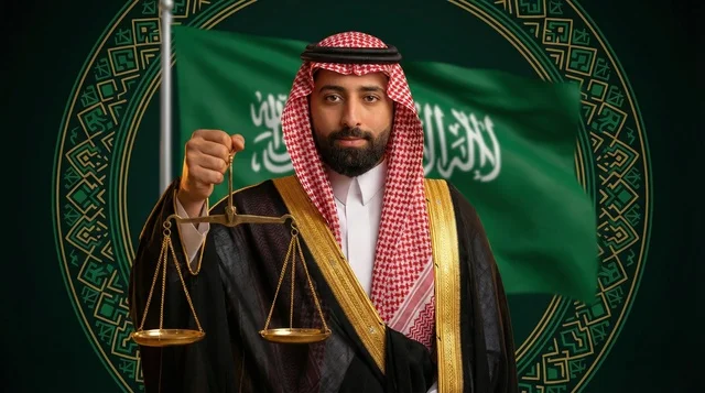 رجل سعودي يحمل ميزان العدالة أمام العلم الوطني