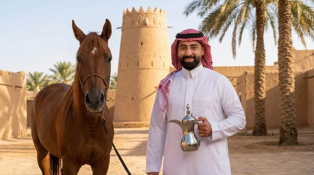 Saudi Man with Horse and Dallah at Heritage Site