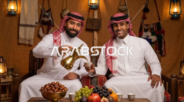 رجال سعوديون يشربون القهوة العربية في مجلس تراثي