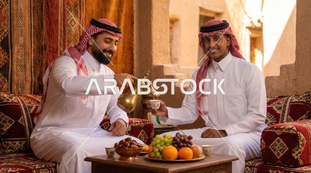 رجال سعوديون يشربون القهوة العربية في مجلس تراثي