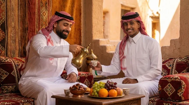 Saudi Men Drinking Arabic Coffee in Heritage Setting