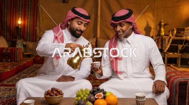 رجال سعوديون يشربون القهوة العربية في خيمة صحراوية