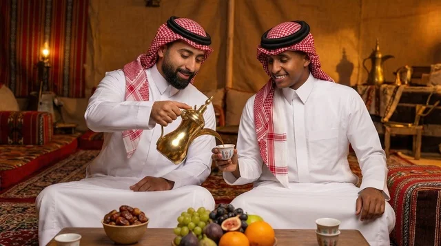 رجال سعوديون يشربون القهوة العربية في خيمة صحراوية