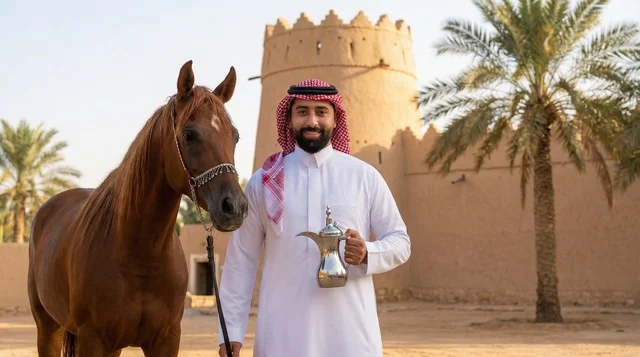 Saudi Man with Arabian Horse at Historic Clay Fort