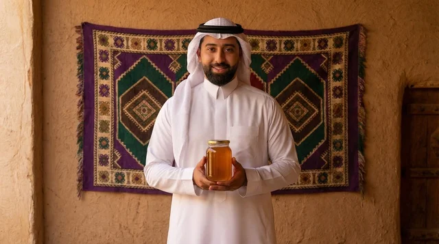 رجل سعودي يحمل جرة عسل في بيئة تراثية