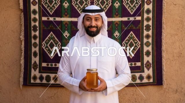رجل سعودي بالزي التقليدي يحمل جرة من العسل الطبيعي