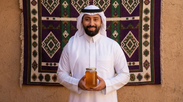 Saudi Man in Traditional Thobe Holding Natural Honey Jar