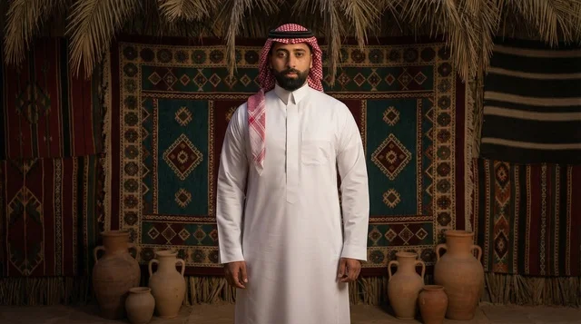 رجل سعودي بالزي التقليدي في بيئة تراثية