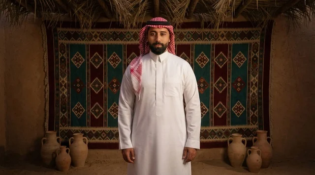 Saudi Man in Traditional Heritage Thobe and Shemagh