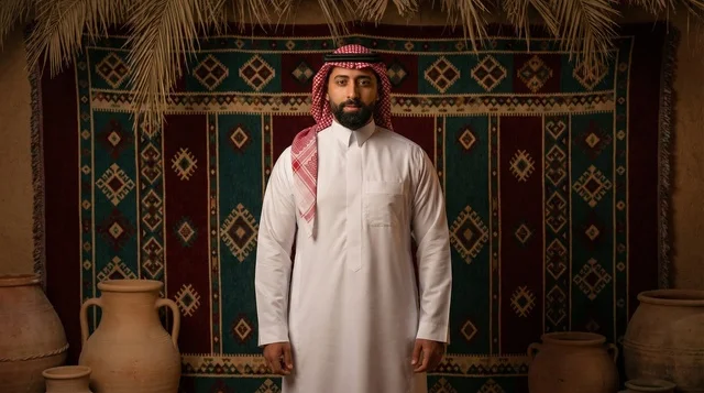 رجل سعودي بالزي التقليدي والشماغ مع أواني فخارية