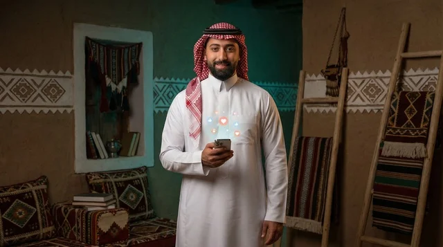 رجل سعودي باللباس التقليدي يستخدم الهاتف في غرفة تراثية