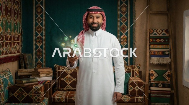 رجل سعودي مع هاتف ذكي وأيقونات التواصل الاجتماعي