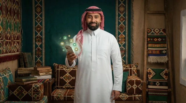 Saudi Man with Smartphone and Social Media Icons