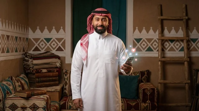 رجل سعودي في غرفة تراثية مع هاتف ذكي