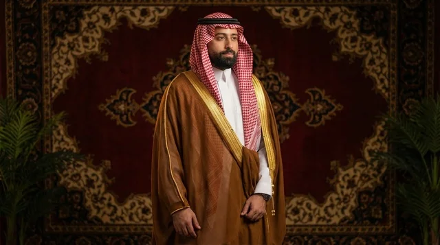 رجل سعودي بالبشت التقليدي والشماغ الأحمر