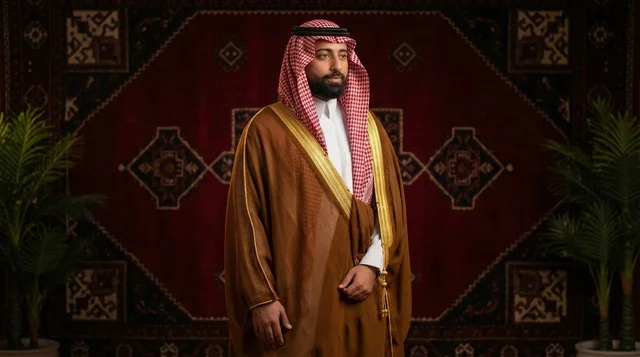 رجل سعودي بالبشت التقليدي والشماغ الأحمر