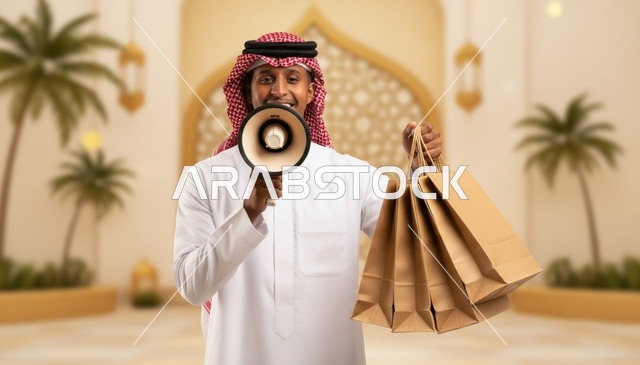 رجل سعودي يحمل مكبر صوت وحقائب تسوق