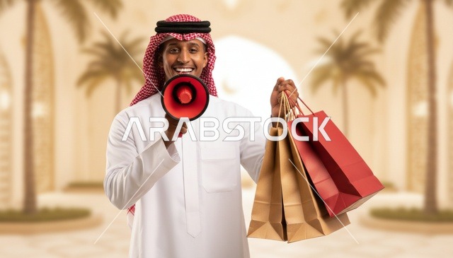 رجل سعودي يحمل مكبر صوت وأكياس تسوق ترويجية