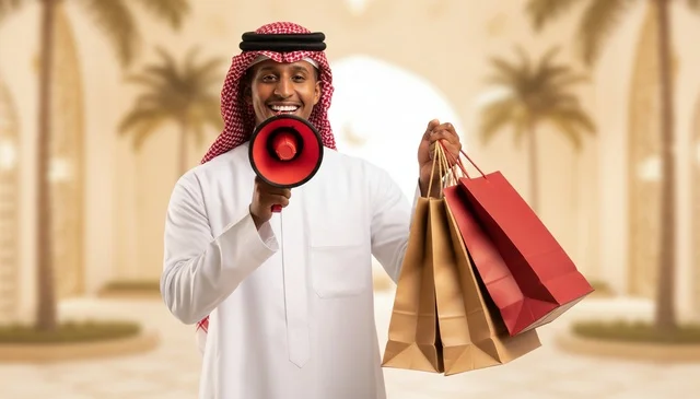 Saudi Man with Megaphone and Shopping Bags Promotion