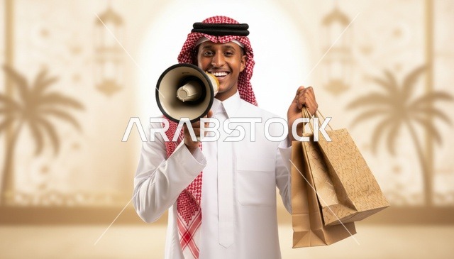 رجل سعودي يحمل مكبر صوت وأكياس تسوق