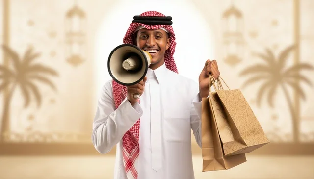Saudi Man Holding Megaphone and Shopping Bags