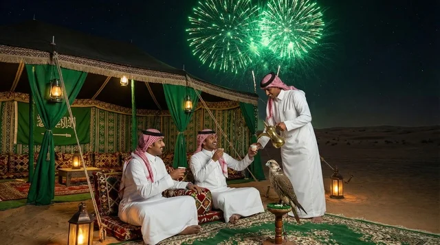Saudi Men Celebrating National Day in Desert Night