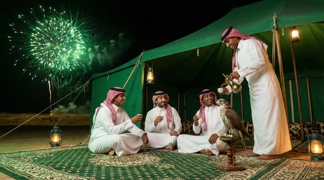 رجال سعوديون يحتفلون بالألعاب النارية والصقر في خيمة